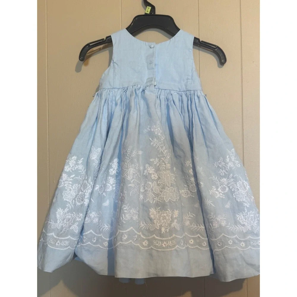Ralph Lauren Baby Girl Chambray Embroidered Dress | Blue Floral Sleeveless | 24M